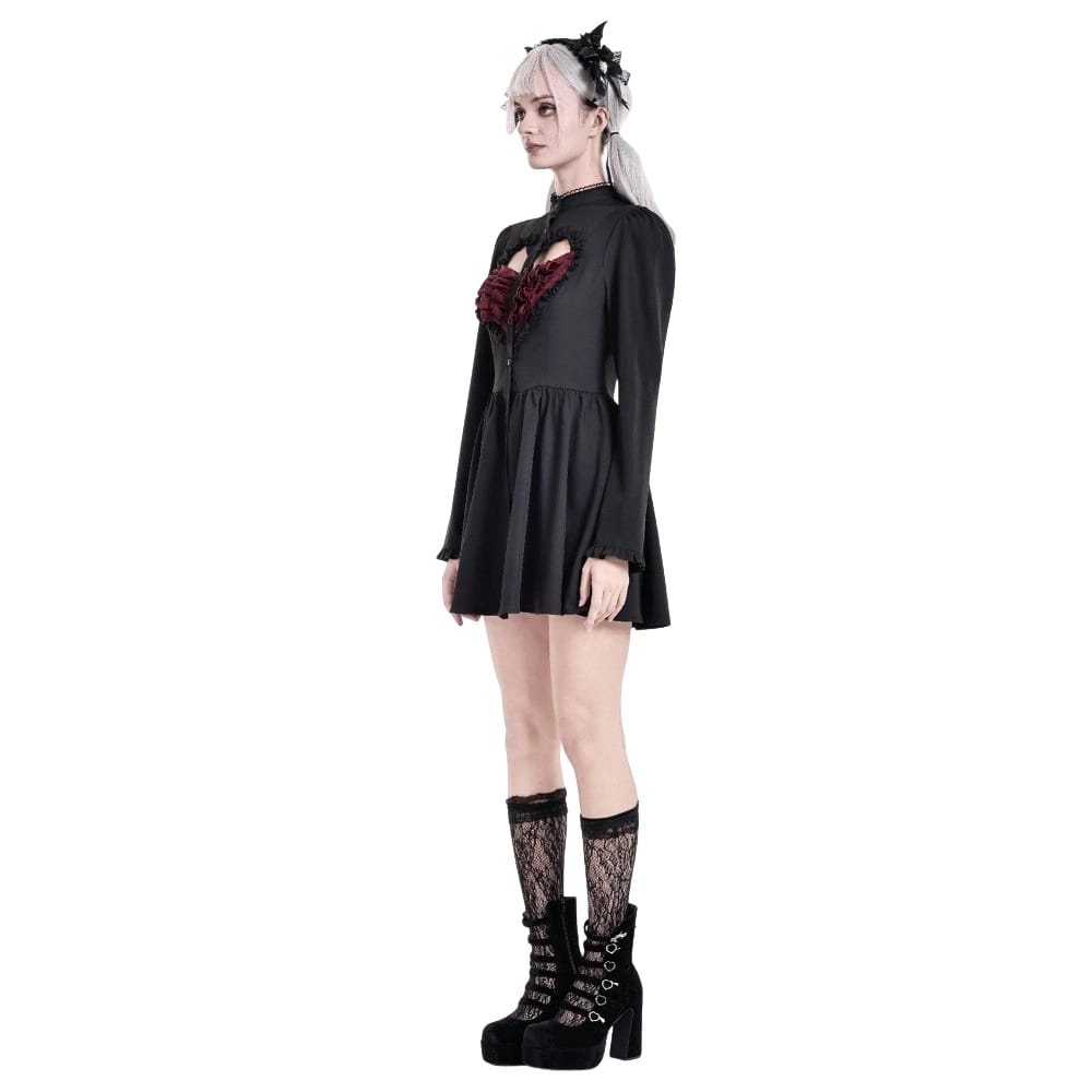 Women's Gothic Ruffle Cutout Heart Mock Neck Long Sleeved Short Dress - Punk Design