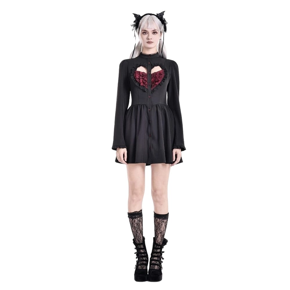 Women's Gothic Ruffle Cutout Heart Mock Neck Long Sleeved Short Dress - Punk Design
