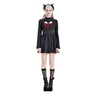 Women's Gothic Ruffle Cutout Heart Mock Neck Long Sleeved Short Dress - Punk Design