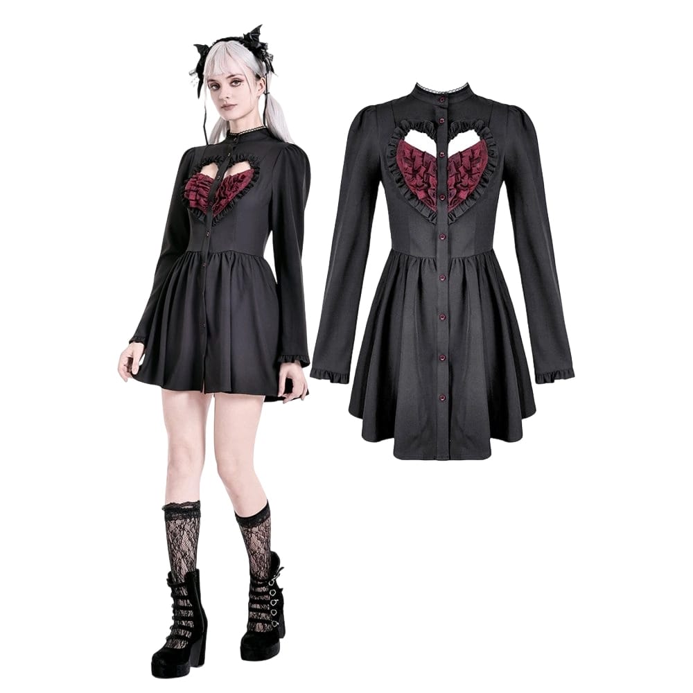 Women's Gothic Ruffle Cutout Heart Mock Neck Long Sleeved Short Dress - Punk Design