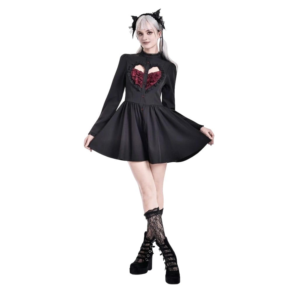 Women's Gothic Ruffle Cutout Heart Mock Neck Long Sleeved Short Dress - Punk Design