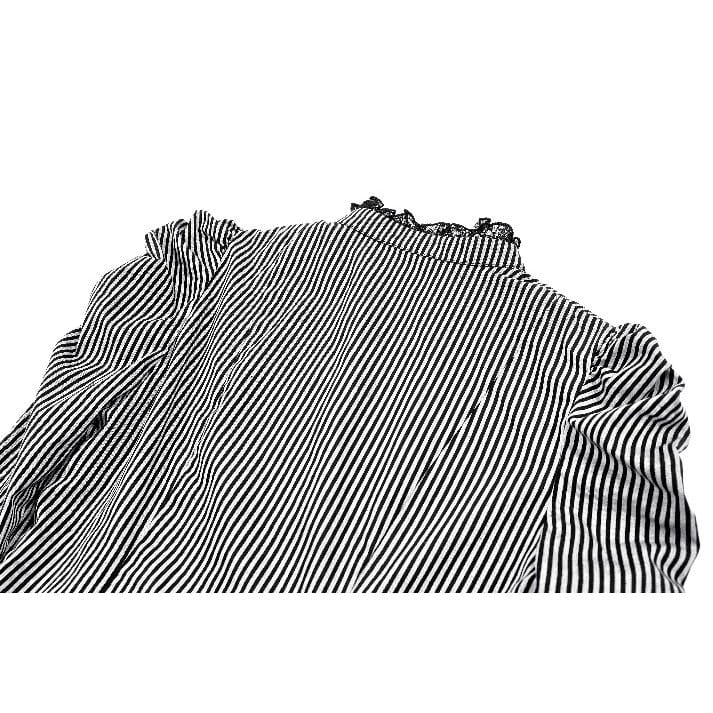 Darkinlove Women's Gothic Ruffle Lace Patchwork Pinstripe Long Sleeve Blouse