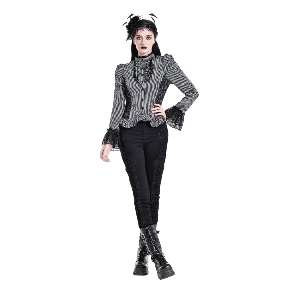 Darkinlove Women's Gothic Ruffle Lace Patchwork Pinstripe Long Sleeve Blouse