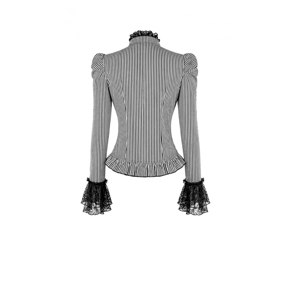 Darkinlove Women's Gothic Ruffle Lace Patchwork Pinstripe Long Sleeve Blouse