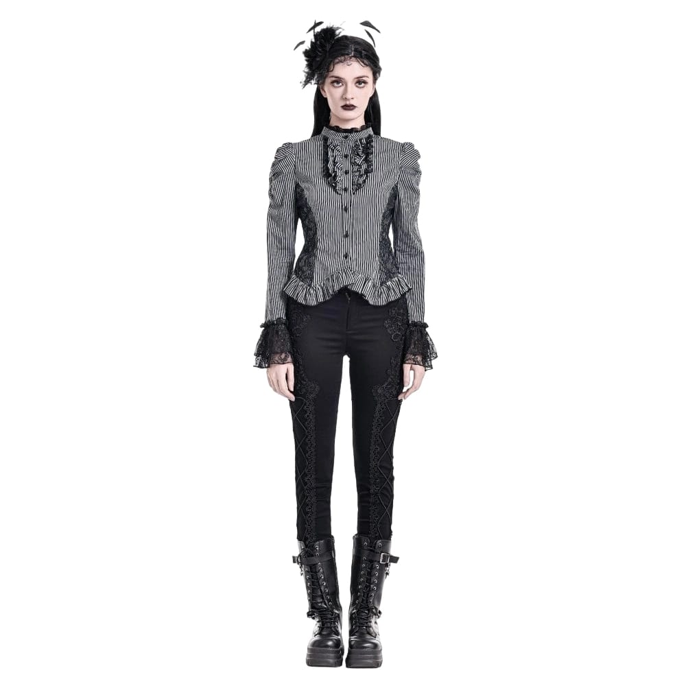 Darkinlove Women's Gothic Ruffle Lace Patchwork Pinstripe Long Sleeve Blouse