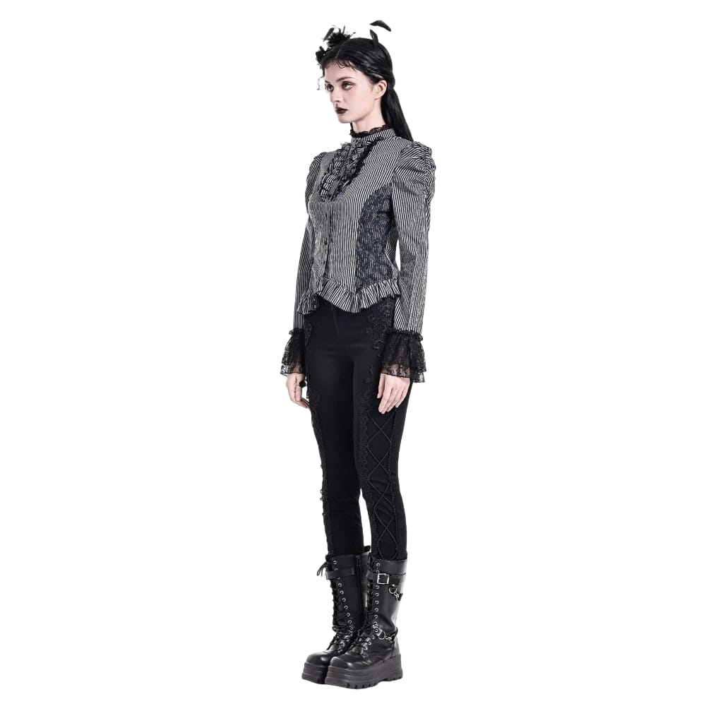 Darkinlove Women's Gothic Ruffle Lace Patchwork Pinstripe Long Sleeve Blouse