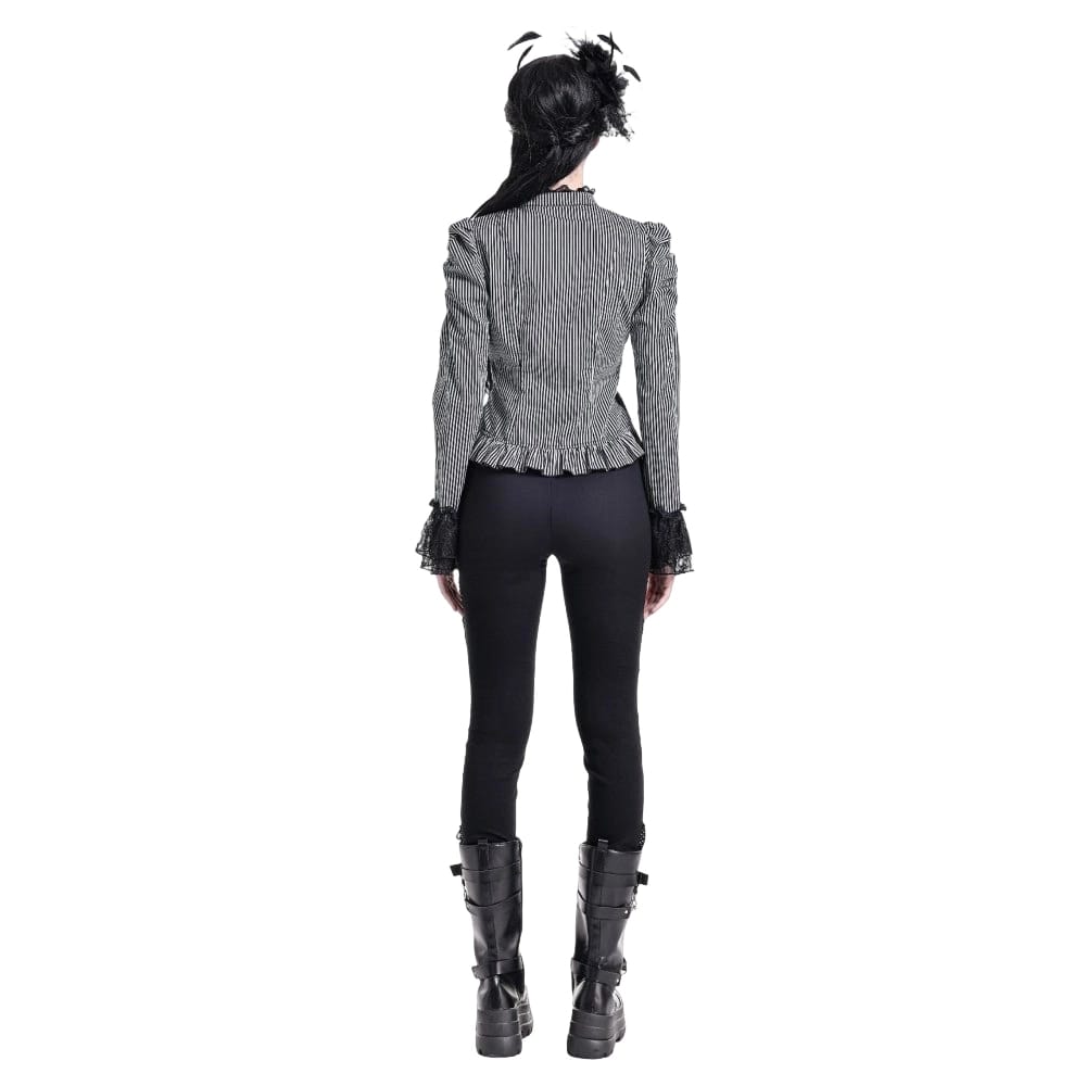 Darkinlove Women's Gothic Ruffle Lace Patchwork Pinstripe Long Sleeve Blouse