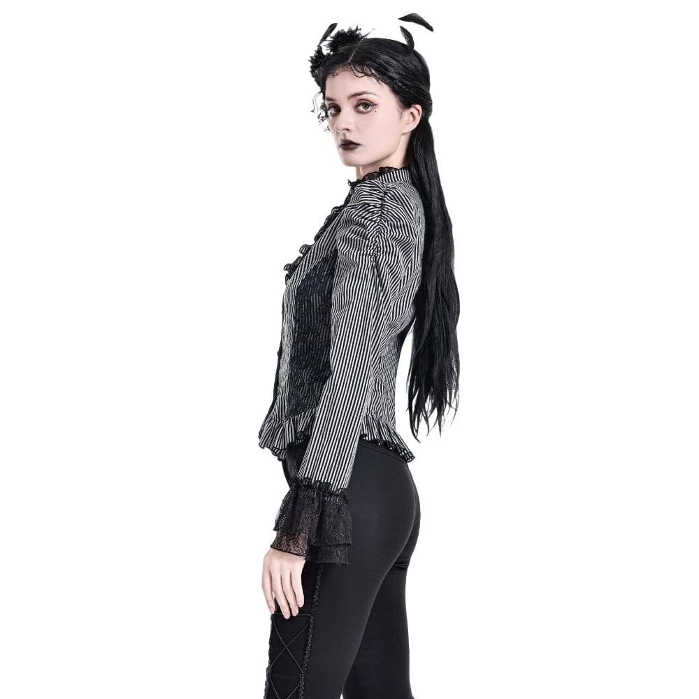 Darkinlove Women's Gothic Ruffle Lace Patchwork Pinstripe Long Sleeve Blouse