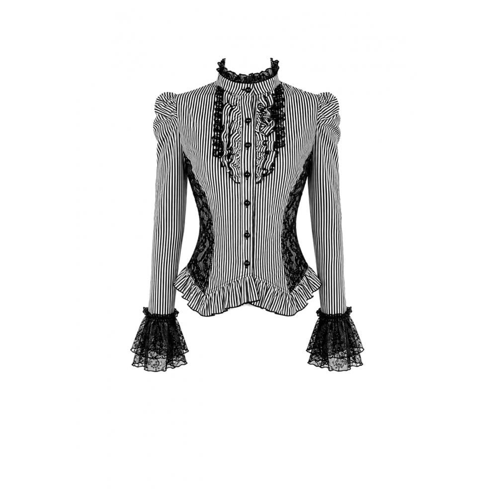 Darkinlove Women's Gothic Ruffle Lace Patchwork Pinstripe Long Sleeve Blouse