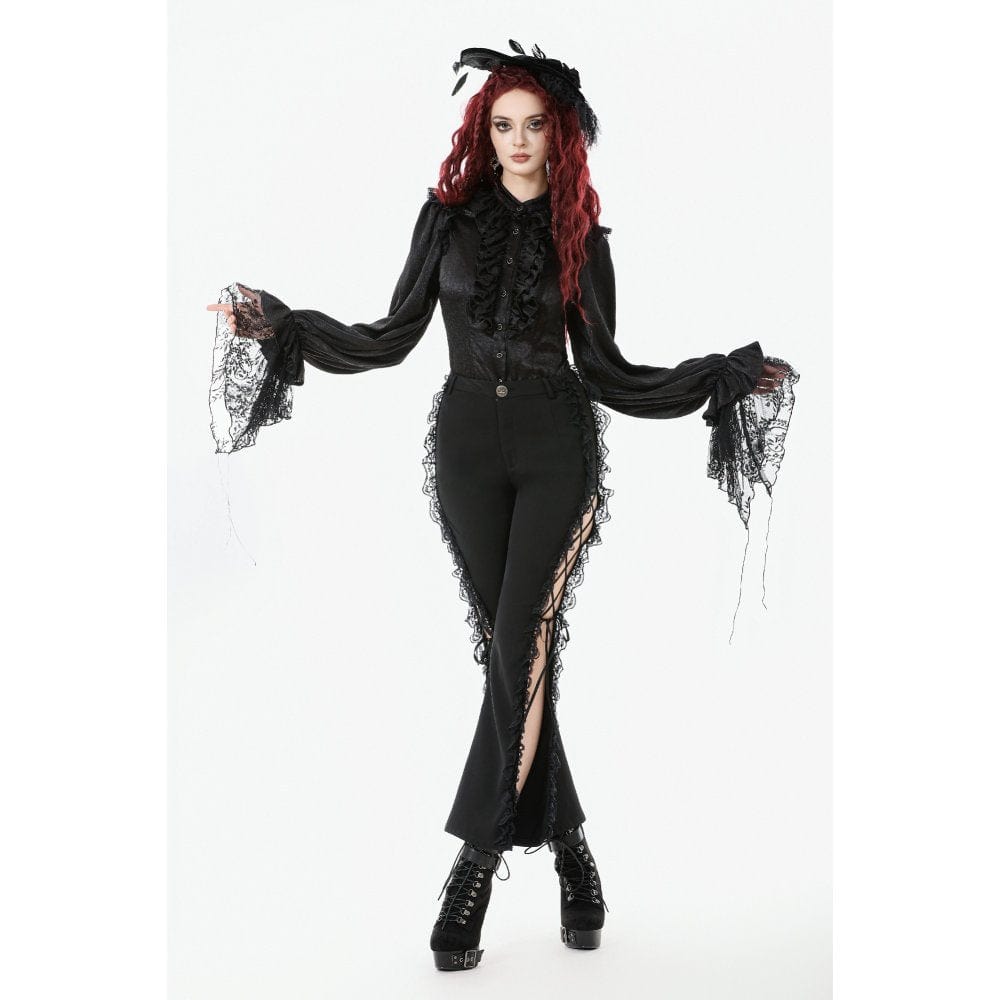 Darkinlove Women's Gothic Ruffle Lace Splice Lantern Sleeved Shirt