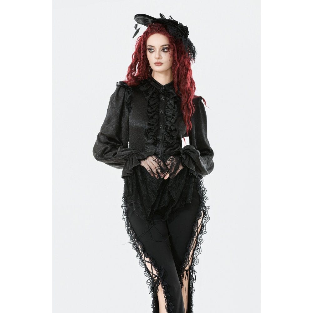 Darkinlove Women's Gothic Ruffle Lace Splice Lantern Sleeved Shirt