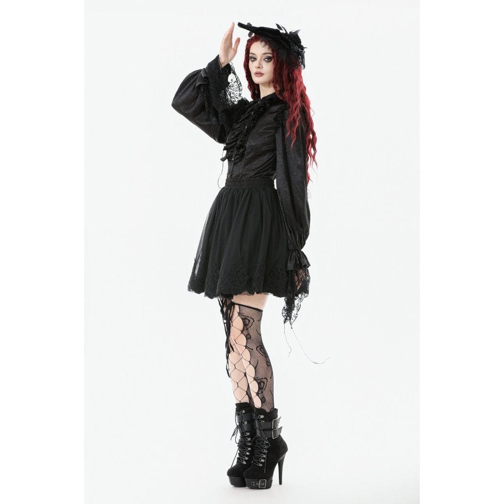Darkinlove Women's Gothic Ruffle Lace Splice Lantern Sleeved Shirt