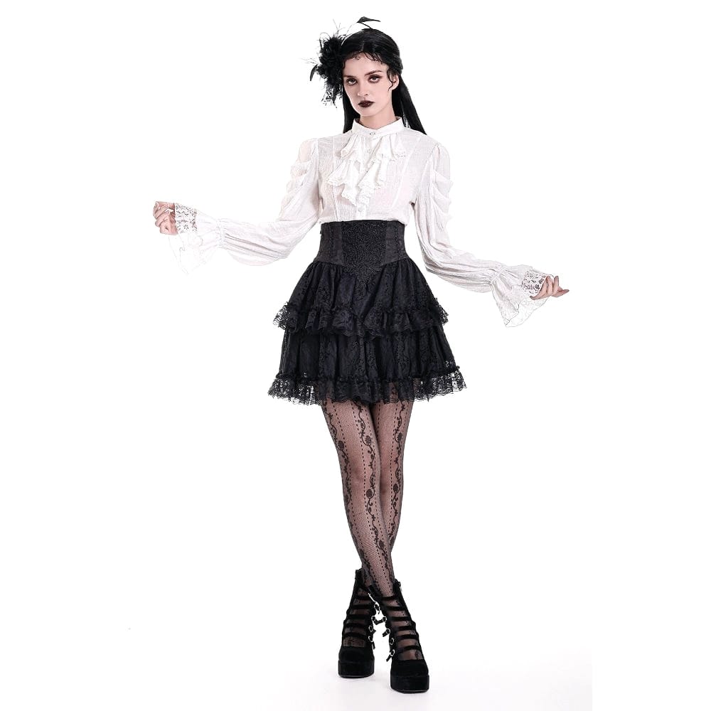 Darkinlove Women's Gothic Ruffle Mock Neck Puff Sleeve Blouse