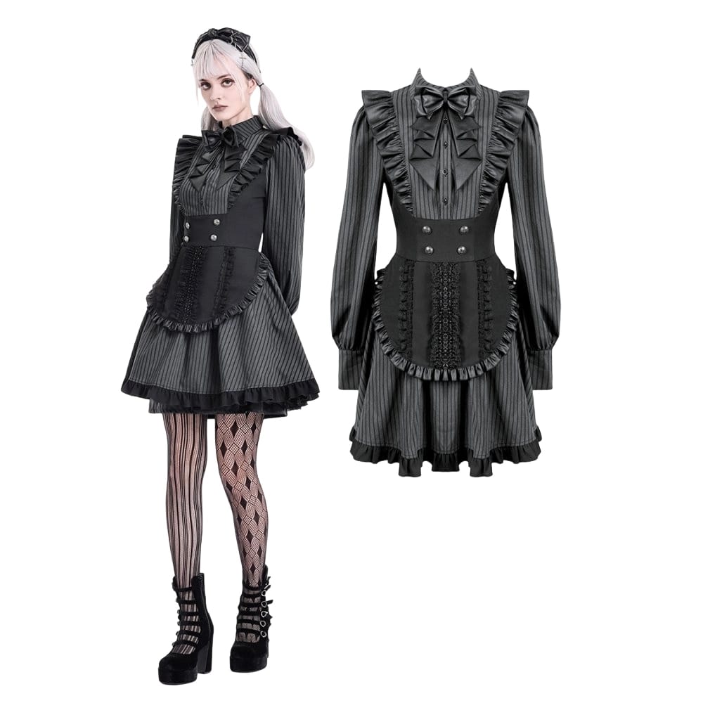Darkinlove Women's Gothic Ruffle Pinstripe Mock Two-piece Long Sleeve Maid Dress