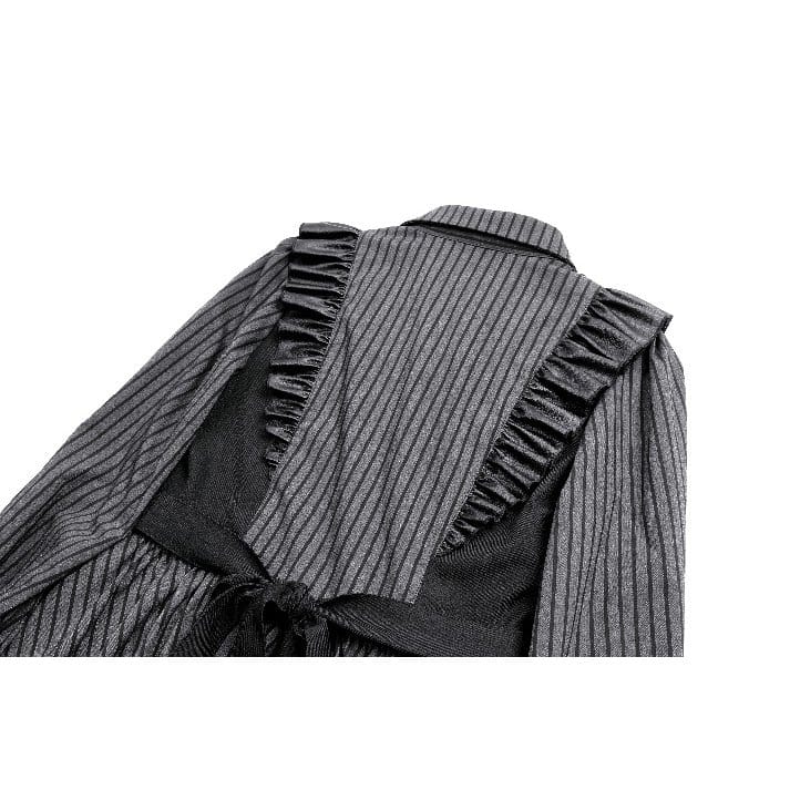 Darkinlove Women's Gothic Ruffle Pinstripe Mock Two-piece Long Sleeve Maid Dress