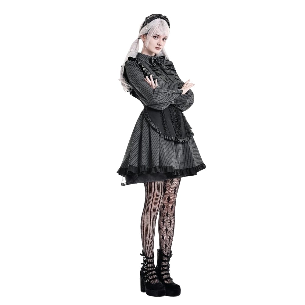 Darkinlove Women's Gothic Ruffle Pinstripe Mock Two-piece Long Sleeve Maid Dress