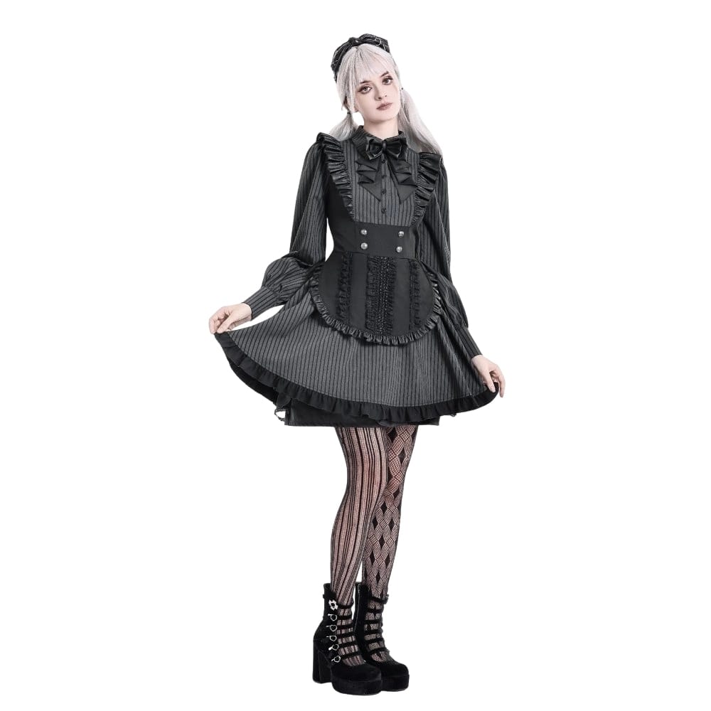 Darkinlove Women's Gothic Ruffle Pinstripe Mock Two-piece Long Sleeve Maid Dress