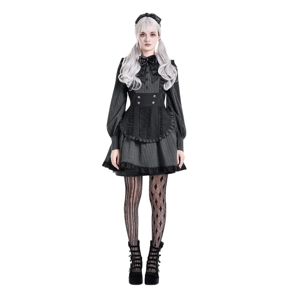 Darkinlove Women's Gothic Ruffle Pinstripe Mock Two-piece Long Sleeve Maid Dress