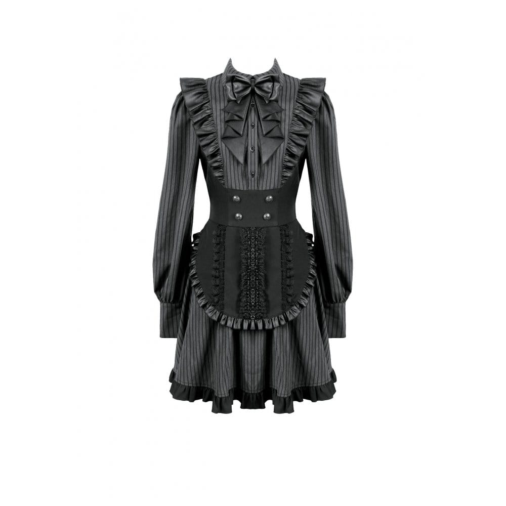 Darkinlove Women's Gothic Ruffle Pinstripe Mock Two-piece Long Sleeve Maid Dress