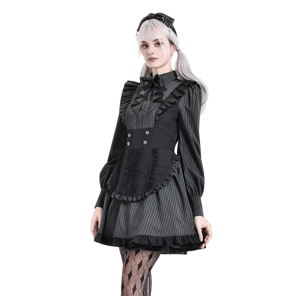 Darkinlove Women's Gothic Ruffle Pinstripe Mock Two-piece Long Sleeve Maid Dress