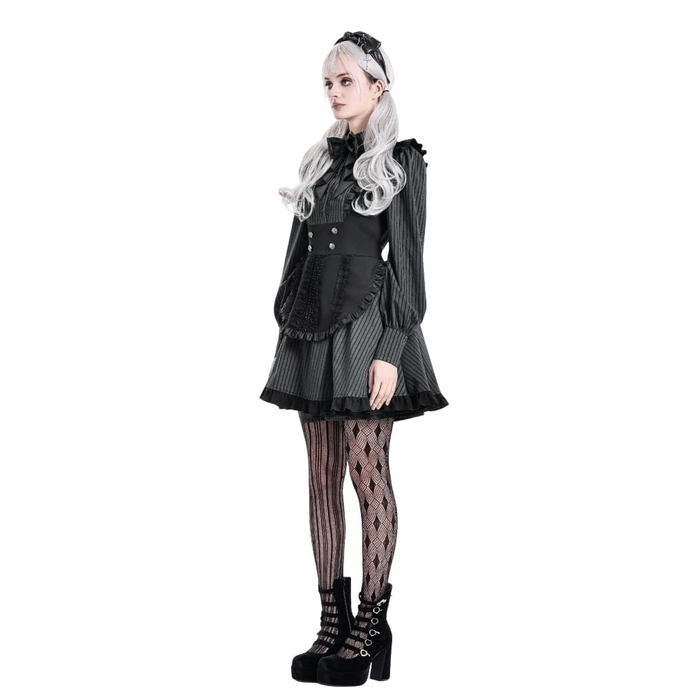 Darkinlove Women's Gothic Ruffle Pinstripe Mock Two-piece Long Sleeve Maid Dress