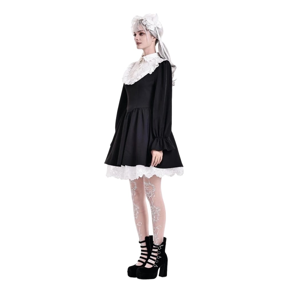 Darkinlove Women's Gothic Ruffle Turn-down Collar Contrast Color Bishop Sleeve Short Dress