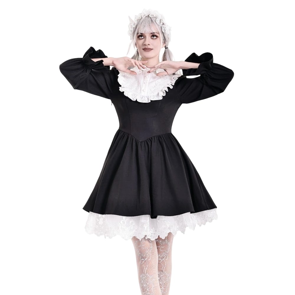 Darkinlove Women's Gothic Ruffle Turn-down Collar Contrast Color Bishop Sleeve Short Dress