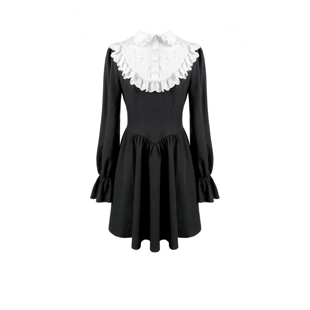 Darkinlove Women's Gothic Ruffle Turn-down Collar Contrast Color Bishop Sleeve Short Dress