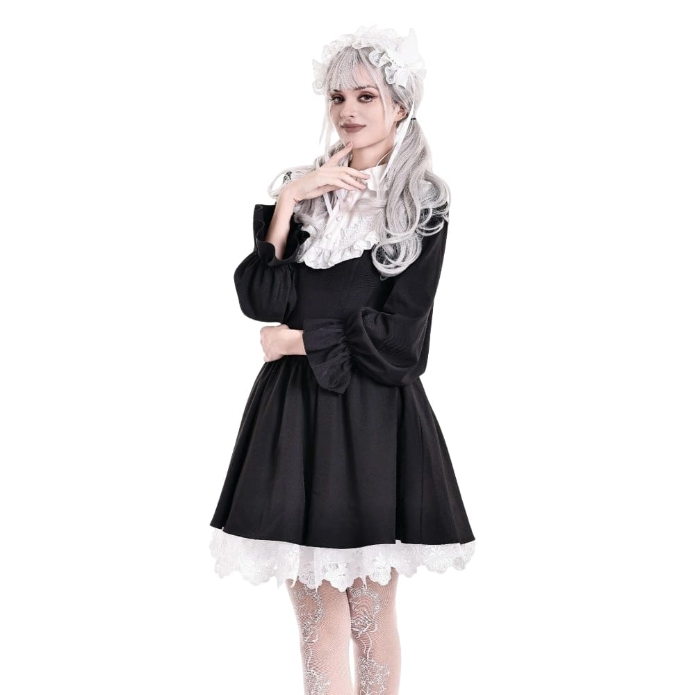 Darkinlove Women's Gothic Ruffle Turn-down Collar Contrast Color Bishop Sleeve Short Dress