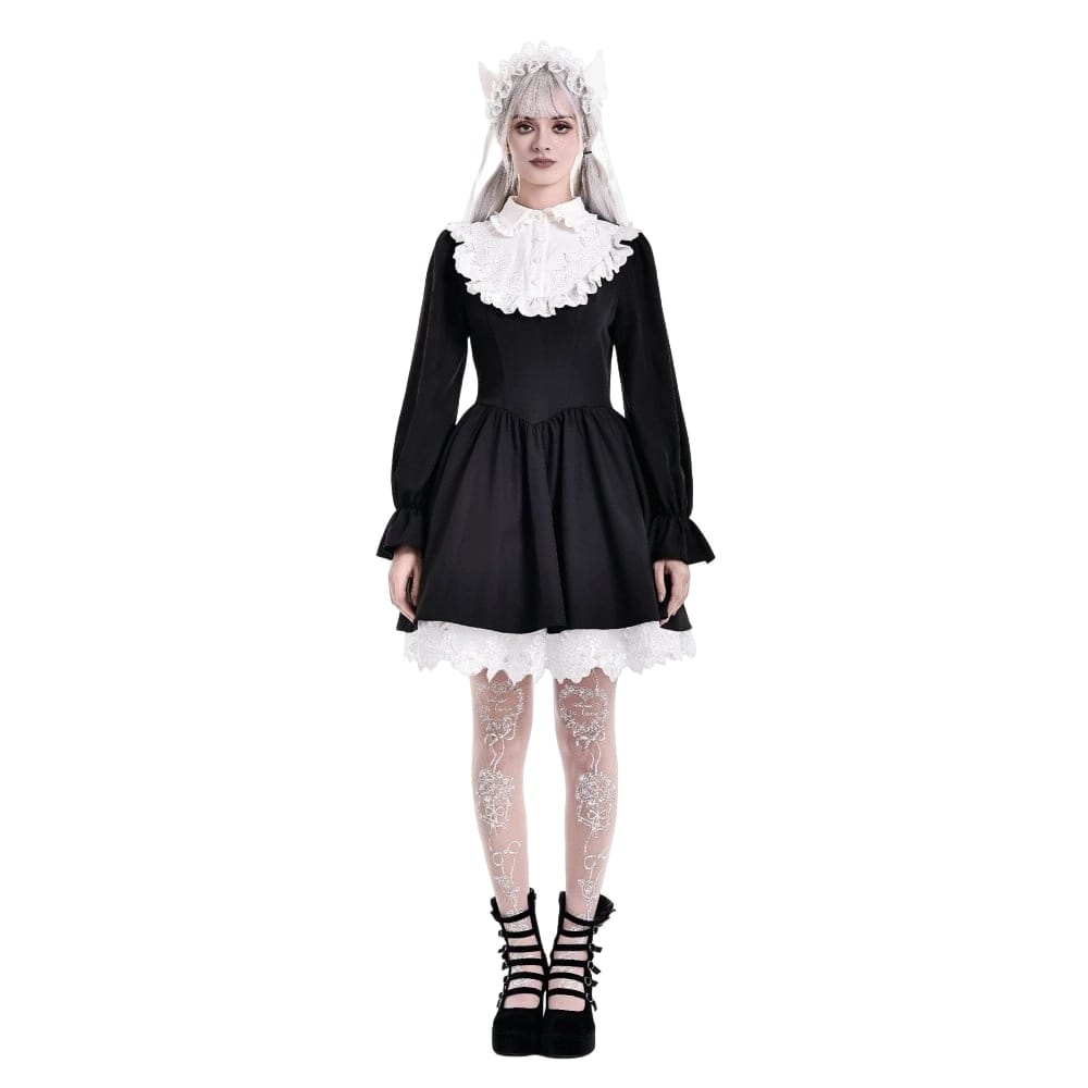 Darkinlove Women's Gothic Ruffle Turn-down Collar Contrast Color Bishop Sleeve Short Dress