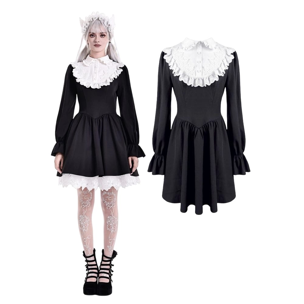 Darkinlove Women's Gothic Ruffle Turn-down Collar Contrast Color Bishop Sleeve Short Dress