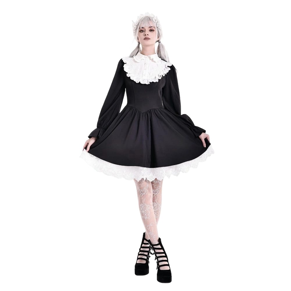 Darkinlove Women's Gothic Ruffle Turn-down Collar Contrast Color Bishop Sleeve Short Dress