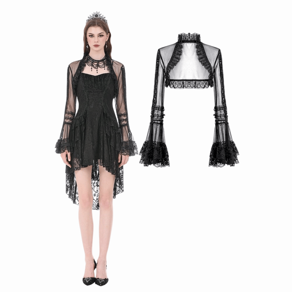 Darkinlove Damen Gothic-Umhang mit Rüschen, hohem Kragen, ausgestellten Ärmeln und Mesh-Einsätzen