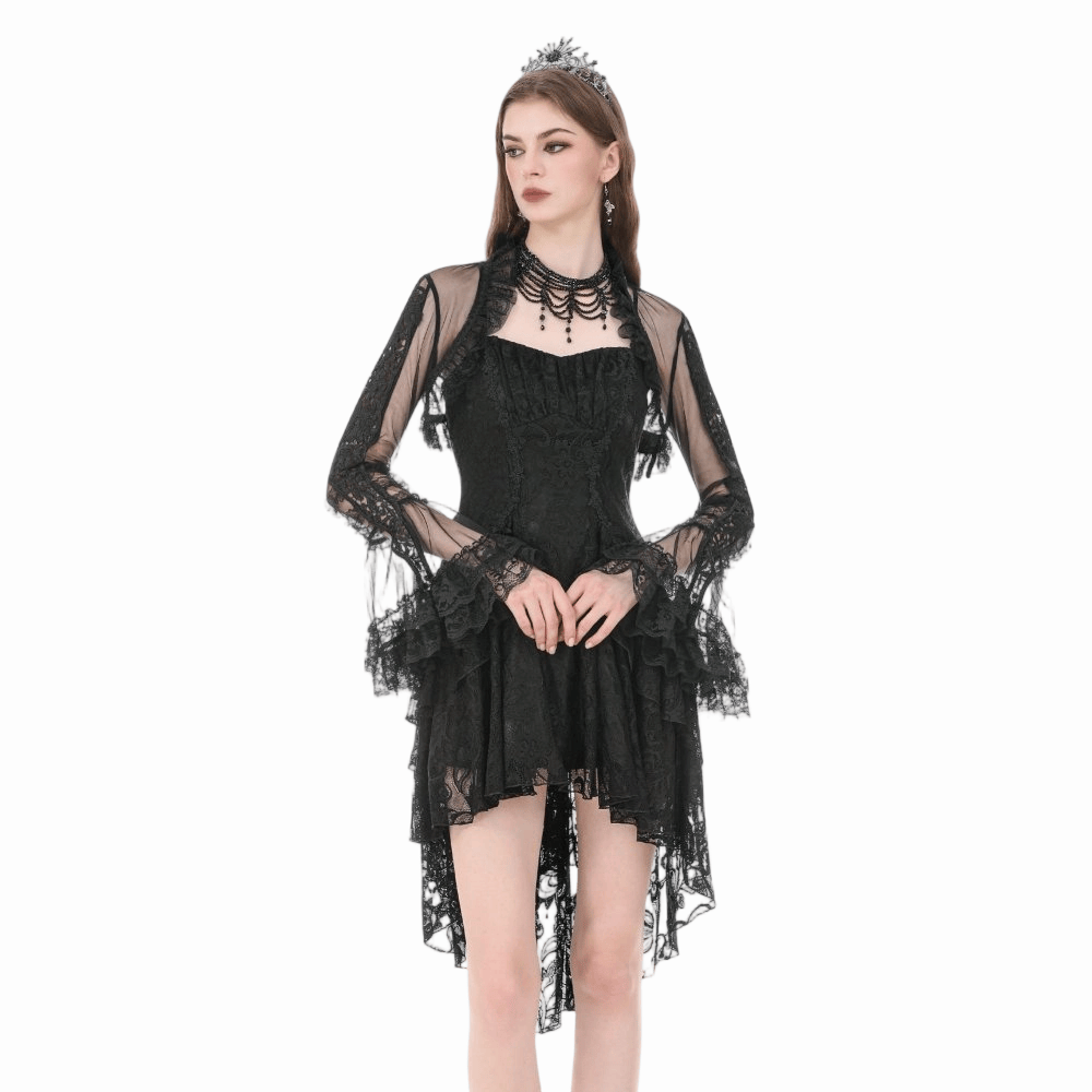 Darkinlove Damen Gothic-Umhang mit Rüschen, hohem Kragen, ausgestellten Ärmeln und Mesh-Einsätzen