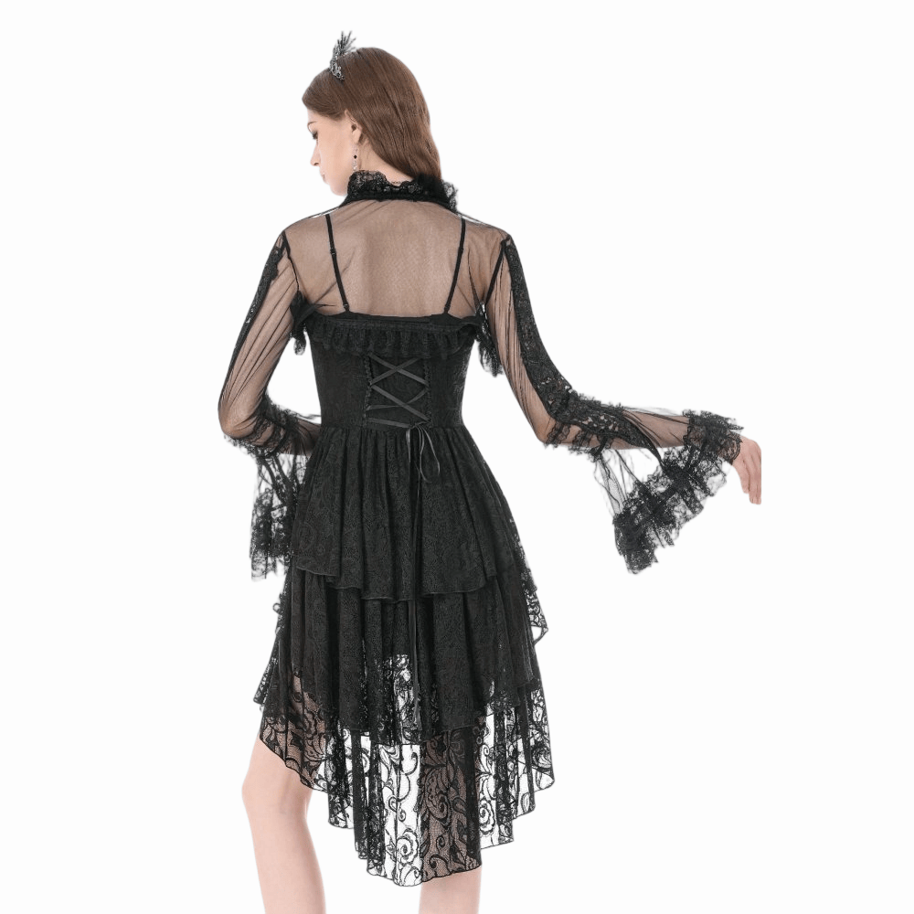 Darkinlove Damen Gothic-Umhang mit Rüschen, hohem Kragen, ausgestellten Ärmeln und Mesh-Einsätzen