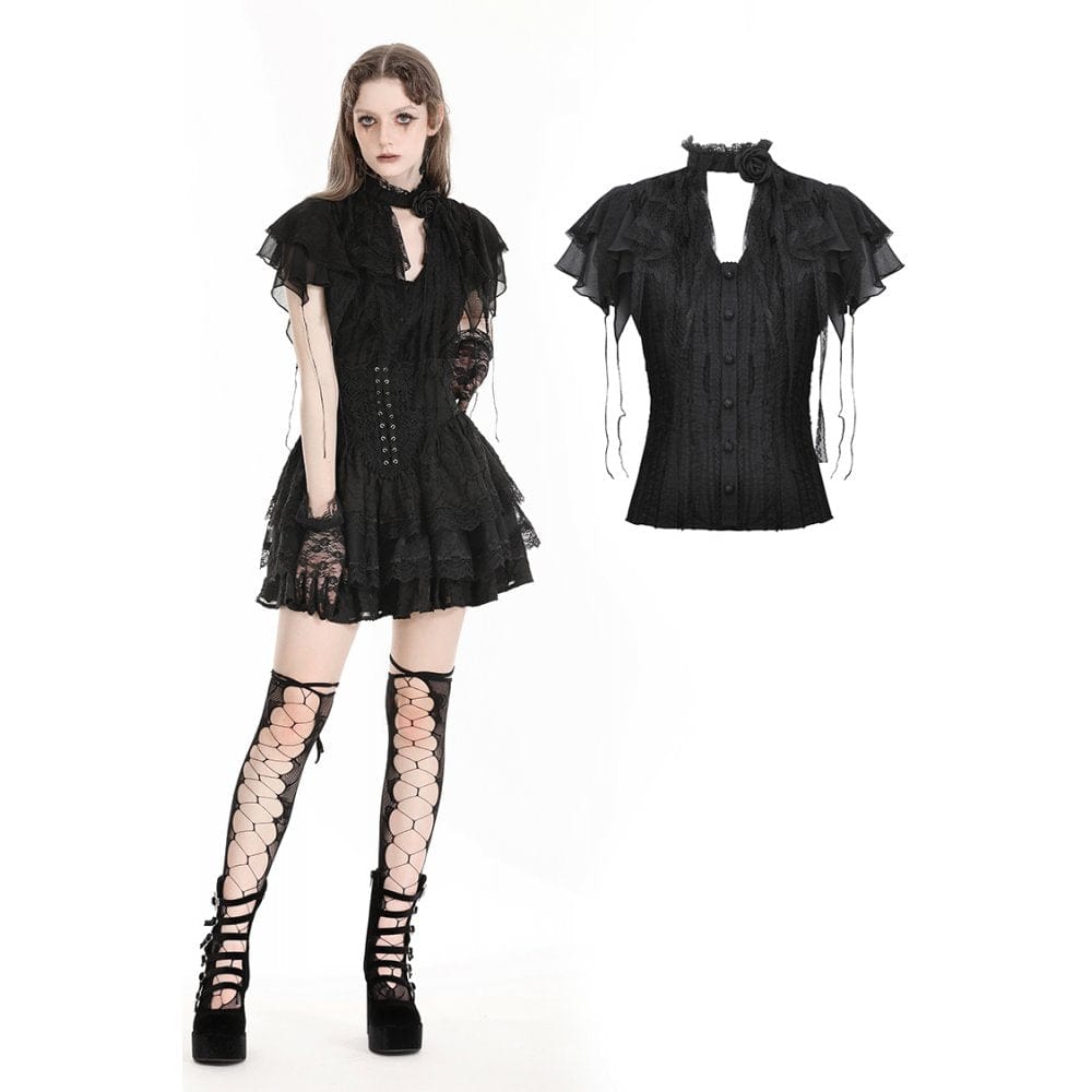 Darkinlove Women's Gothic Ruffled Lace Splice Shirt