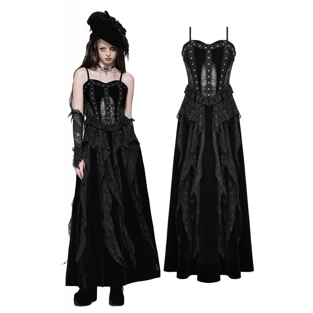 Darkinlove Women's Gothic Ruffled Lace Splice Velvet Corset Slip Dress