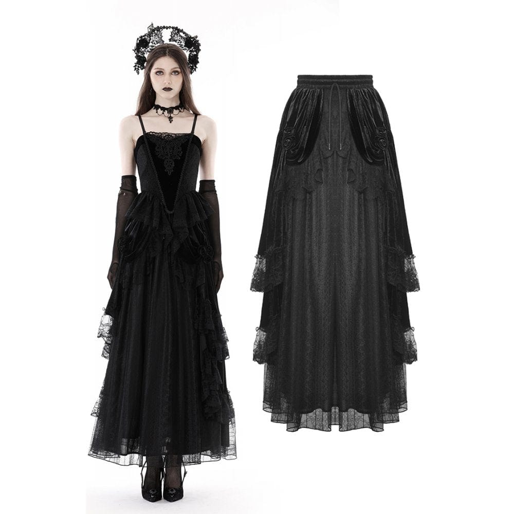 Darkinlove Women's Gothic Ruffled Lace Splice Velvet Skirt