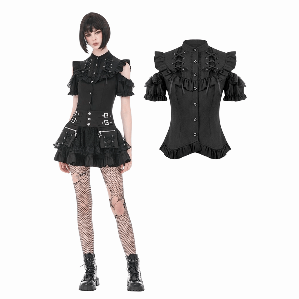 Darkinlove Women's Gothic Ruffled Lace-up Cutout Short Sleeve Shirt