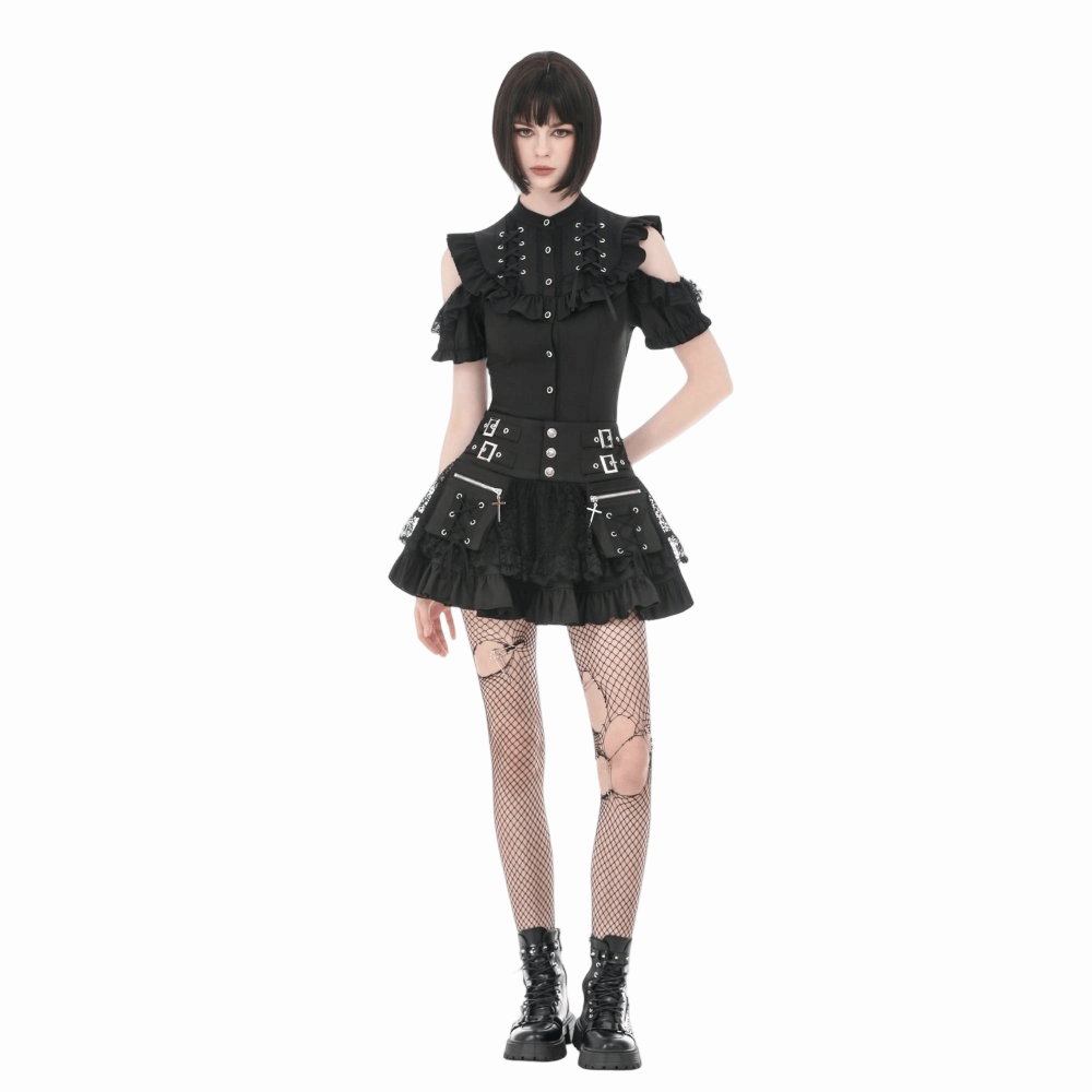Darkinlove Women's Gothic Ruffled Lace-up Cutout Short Sleeve Shirt