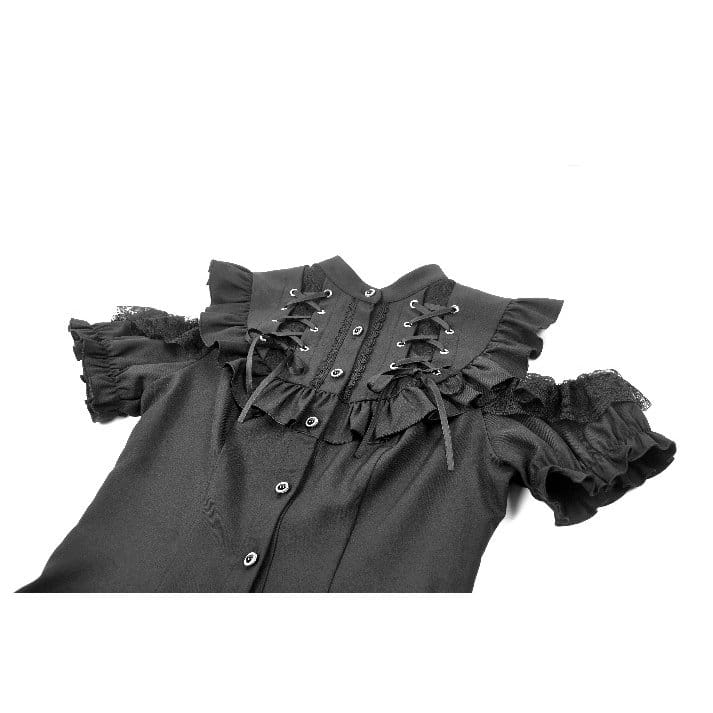 Darkinlove Women's Gothic Ruffled Lace-up Cutout Short Sleeve Shirt