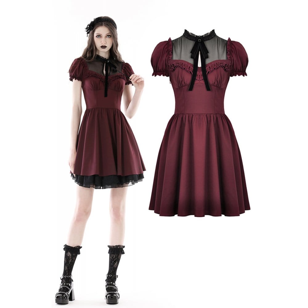 Darkinlove Women's Gothic Ruffled Mesh Splice Dress
