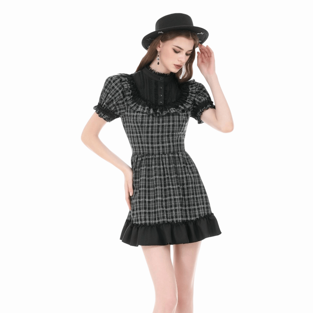 Darkinlove Women's Gothic Ruffled Plaid Puff Short Sleeve Dress