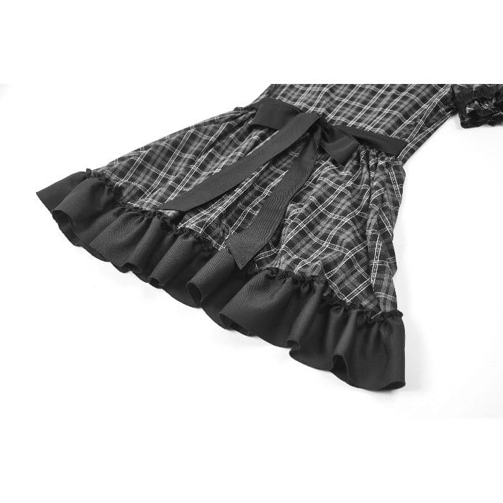 Darkinlove Women's Gothic Ruffled Plaid Puff Short Sleeve Dress