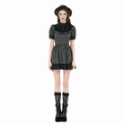 Darkinlove Women's Gothic Ruffled Plaid Puff Short Sleeve Dress