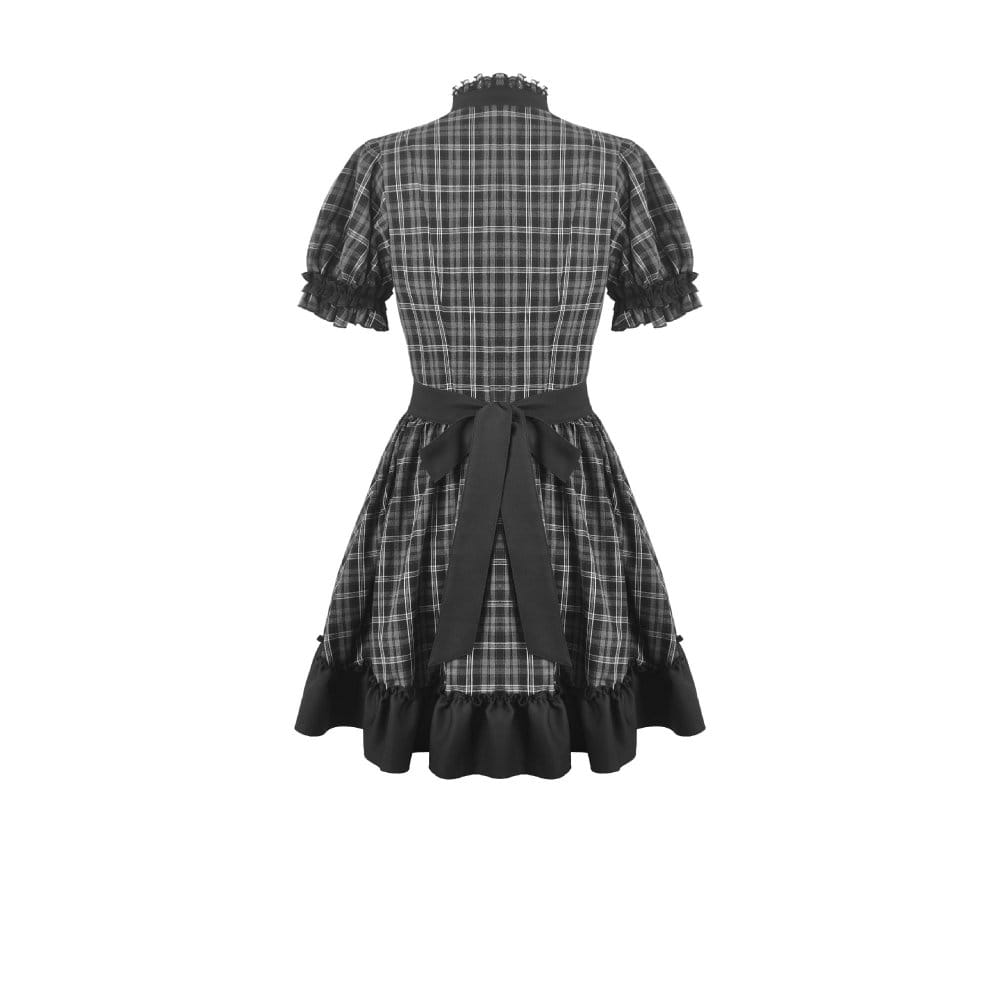 Darkinlove Women's Gothic Ruffled Plaid Puff Short Sleeve Dress