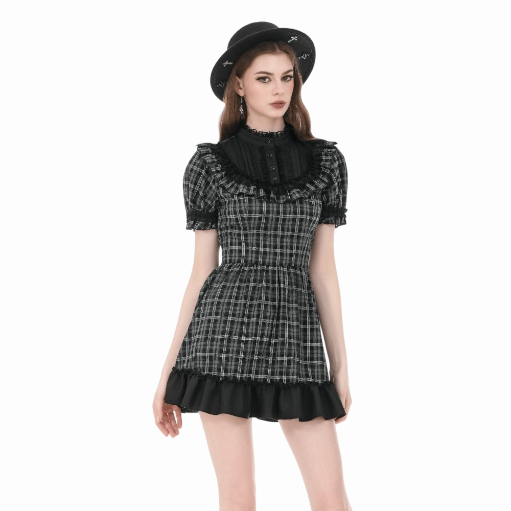 Darkinlove Women's Gothic Ruffled Plaid Puff Short Sleeve Dress