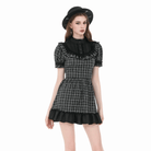 Darkinlove Women's Gothic Ruffled Plaid Puff Short Sleeve Dress