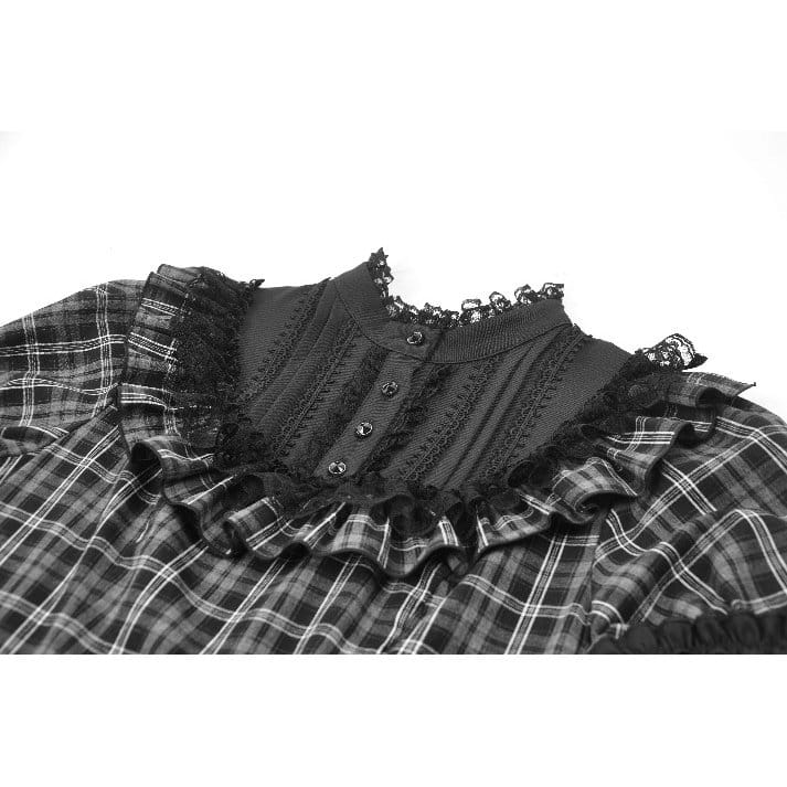 Darkinlove Women's Gothic Ruffled Plaid Puff Short Sleeve Dress