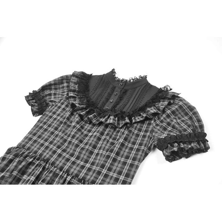 Darkinlove Women's Gothic Ruffled Plaid Puff Short Sleeve Dress